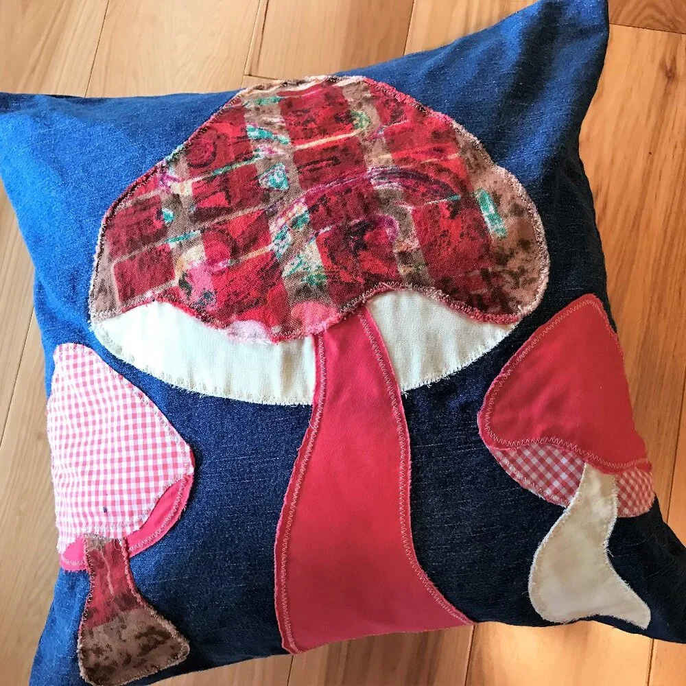 Mushroom Pillow Cover, Handmade 18 x 18 Whimsical Cottagecore Recycled Denim